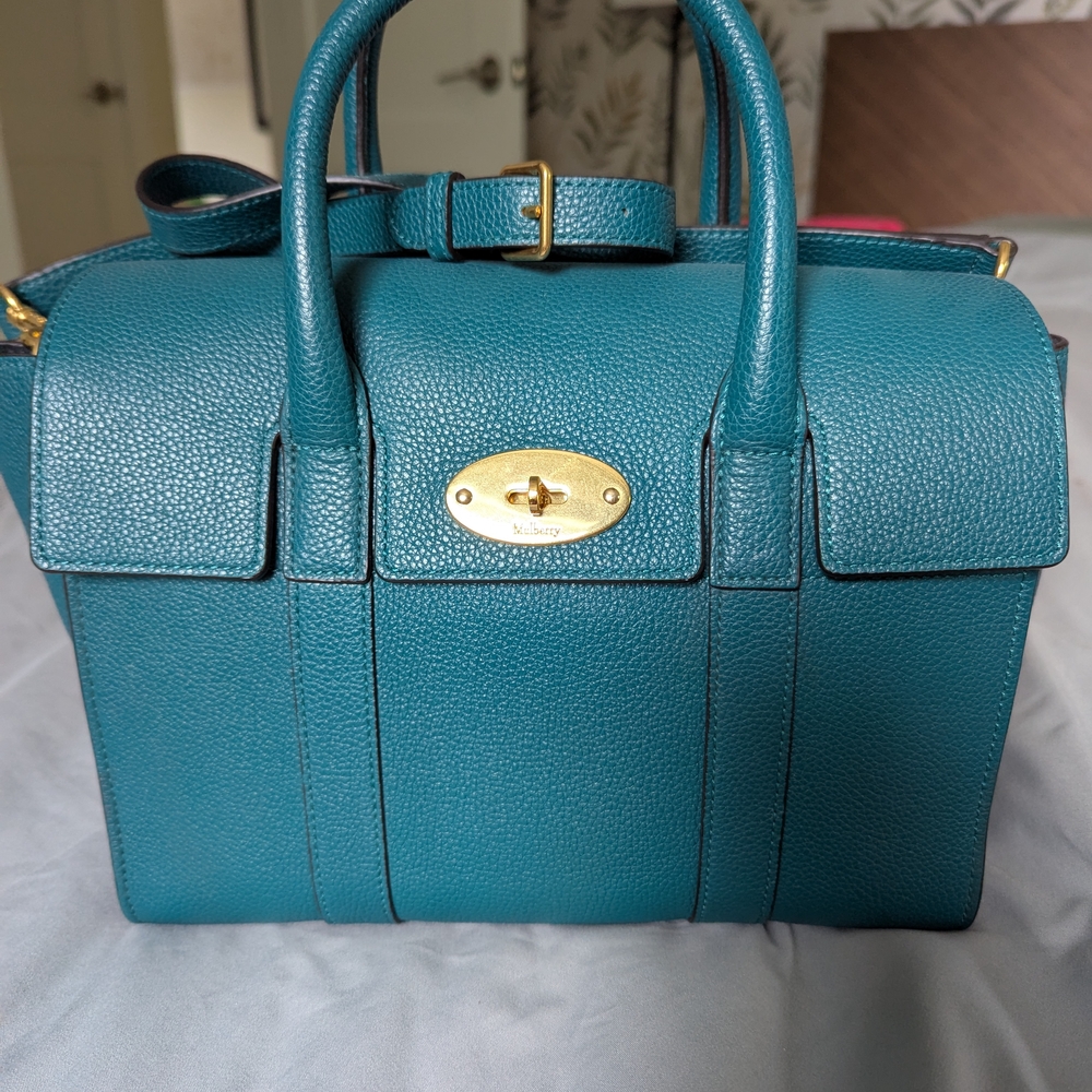 Mulberry Green Small Bayswater Satchel with Gold Hardware and Textured Leather